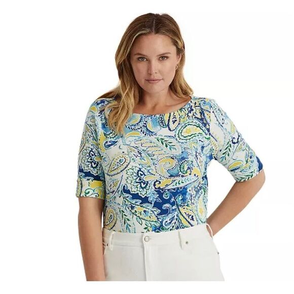 GREAT CONDITION WOMEN LAUREN RALPH LAUREN Plus-Size Paisley Stretch Cotton Boatn - Picture 2 of 9